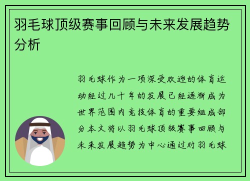 羽毛球顶级赛事回顾与未来发展趋势分析